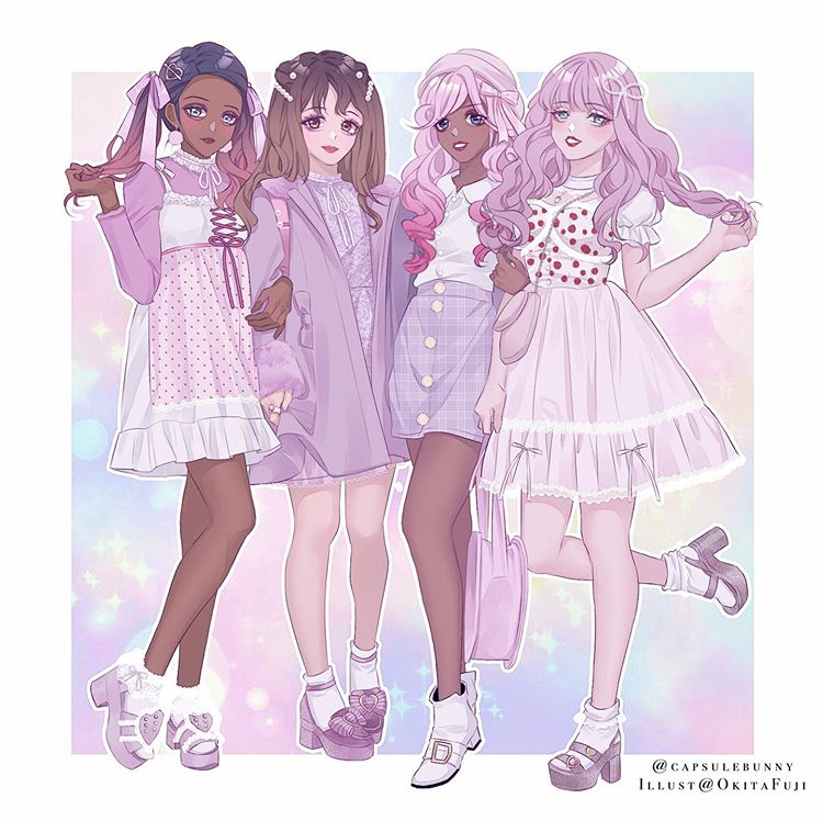 4girls, babydoll, backpack, bag, barette, black_hair, border, bow, brown_eyes, brown_hair, coat, collared_shirt, curly_hair, dark-skinned_female, dark_skin, dress, earrings, fashion, framed, hair_bow, hair_ribbon, holding, holding_hair, jacket, jewelry, lavender_dress, lavender_hair, lavender_skirt, light_blue_eyes, light_purple_hair, limited_palette, locked_arms, long_sleeves, multicolored_hair, multiple_girls, okitafuji, original, pastel_colors, pink_hair, pink_skirt, plaid, plaid_skirt, platform_footwear, polka_dot, polka_dot_dress, polka_dot_skirt, polo_shirt, portrait, puffy_sleeves, purple_dress, purple_hair, purple_jacket, purple_shirt, rainbow_background, ribbon, see-through, shirt, shirt_under_dress, skirt, socks, twintails, violet_eyes, white_border