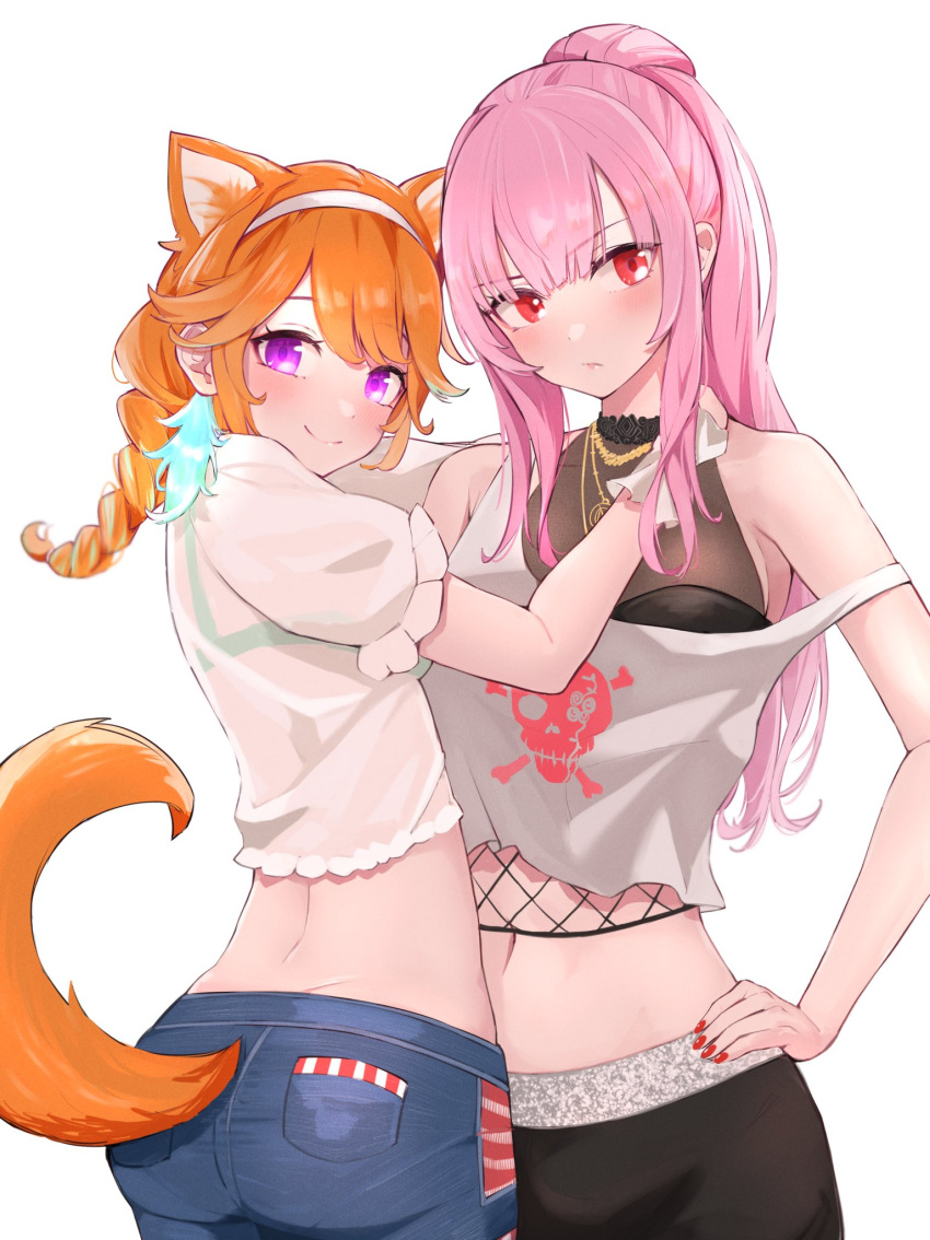 2girls, animal_ears, ass, bare_shoulders, cat_ears, cat_tail, crop_top, denim, denim_shorts, earrings, eyebrows_visible_through_hair, feather_earrings, feathers, gradient_hair, highres, hitsujisnow, hololive, hololive_english, jewelry, midriff, mori_calliope, multicolored_hair, navel, official_alternate_costume, orange_hair, pants, pink_hair, ponytail, red_eyes, see-through, shorts, smile, tail, takanashi_kiara, track_pants, violet_eyes, virtual_youtuber, yuri