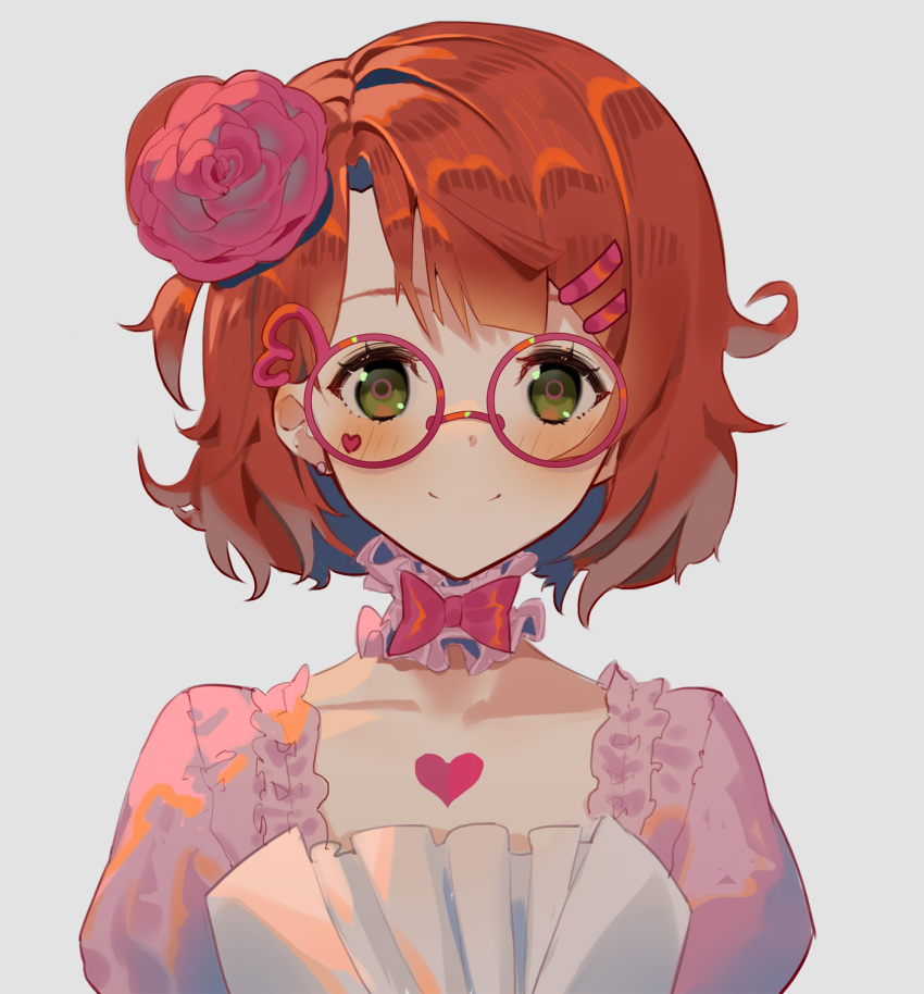 awakening_promise_(love_live!), bangs, blunt_bangs, bow, bowtie, collarbone, dress, earrings, flower, frilled_dress, frills, hair_flower, hair_ornament, hairpin, highres, hk_(hk), jewelry, love_live!, love_live!_nijigasaki_high_school_idol_club, medium_hair, orange_hair, pink_dress, pink_hair, purple_flower, side_bun, swept_bangs, uehara_ayumu, yellow_eyes