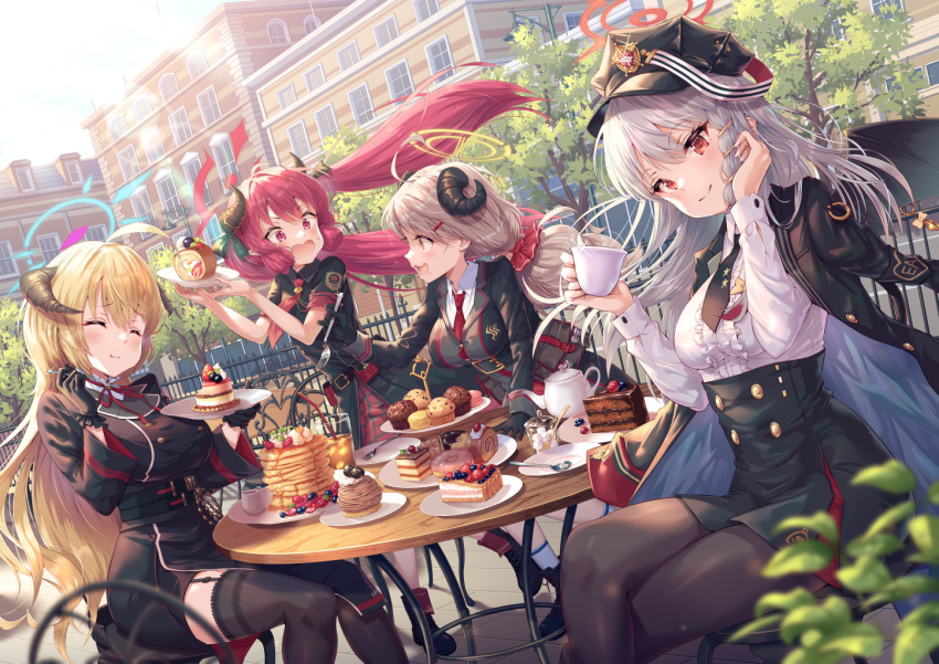 4girls, ahoge, akari_(blue_archive), blue_archive, breasts, building, closed_eyes, commentary_request