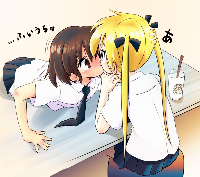 2girls, arm_support, blonde_hair, blush, brown_hair, cup, disposable_cup, drinking_straw