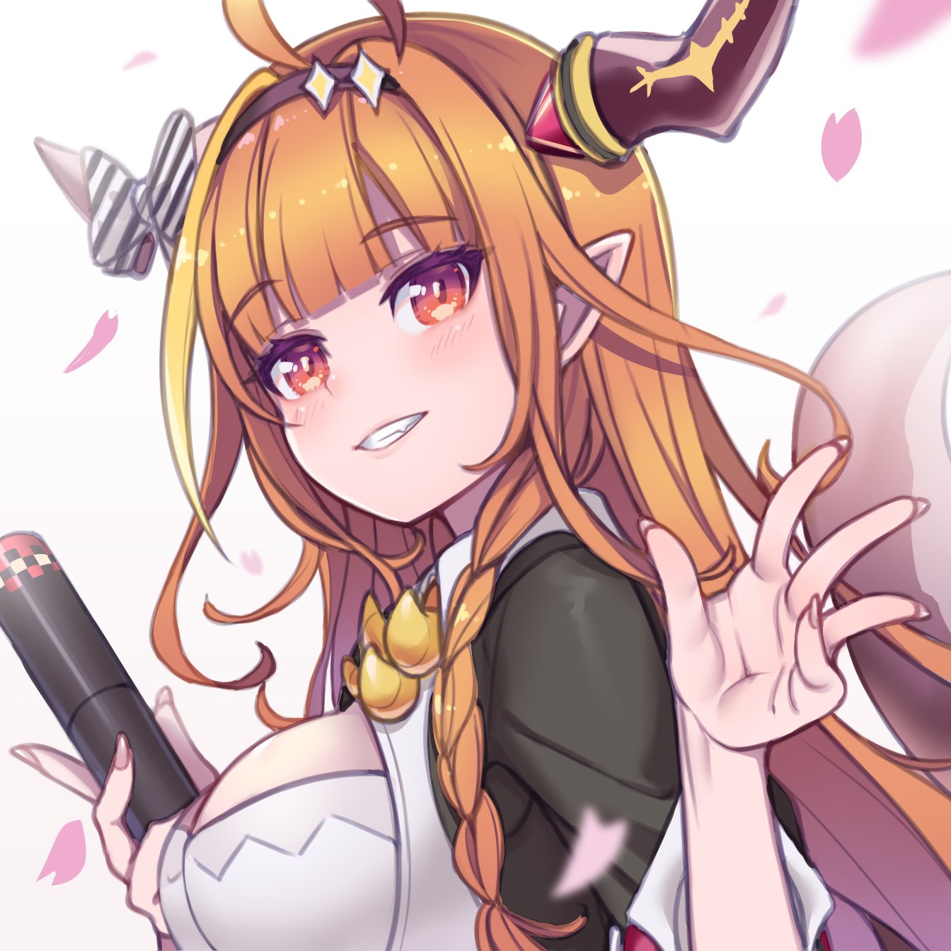 1girl, ahoge, bangs, black_hairband, black_jacket, blonde_hair, blunt_bangs, bow