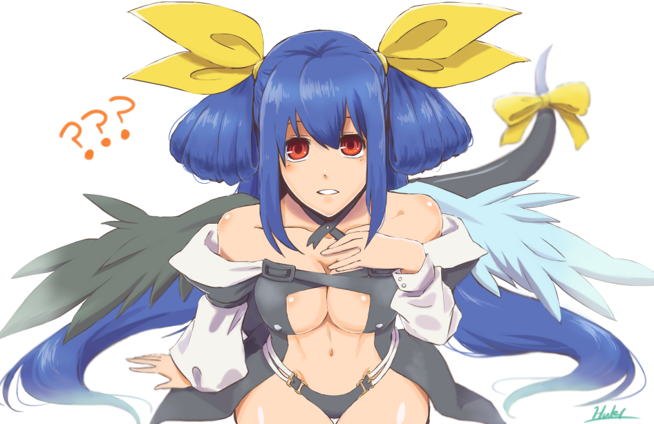 1girl, ?, angel_wings, artist_name, asymmetrical_wings, bangs, bare_shoulders, belt, black_panties, breasts, center_opening, choker, collarbone, detached_sleeves, dizzy_(guilty_gear), guilty_gear, guilty_gear_x, guilty_gear_xx, hair_between_eyes, hair_ribbon, hair_rings, hand_on_own_chest, huki, large_breasts, long_hair, long_sleeves, looking_at_viewer, looking_up, navel, panties, puffy_long_sleeves, puffy_sleeves, red_eyes, ribbon, signature, sitting, solo, stomach, tail, tail_ornament, tail_ribbon, thigh_gap, thighs, twintails, underwear, white_background, wings, yellow_ribbon