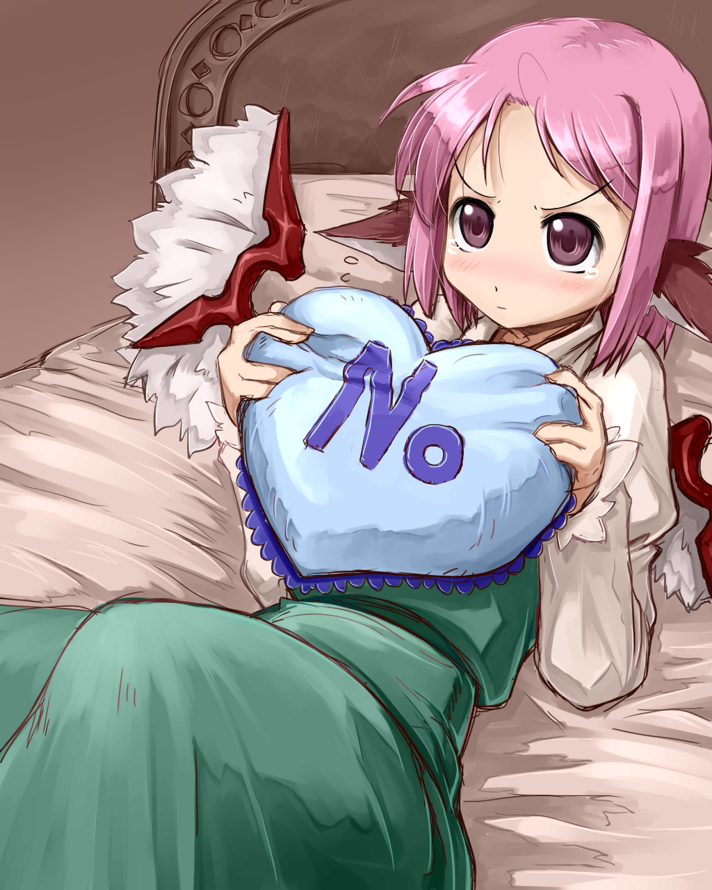 animal_ears, bed, blush, english, eye_reflection, frown, heart, heart_pillow, highres, lying, mystia_lorelei, no, no_hat, no_headwear, on_back, pillow, pillow_hug, pink_hair, purple_eyes, reflection, rejection, short_hair, solo, tears, touhou, valentine, violet_eyes, wings, yes-no_pillow, you_naka