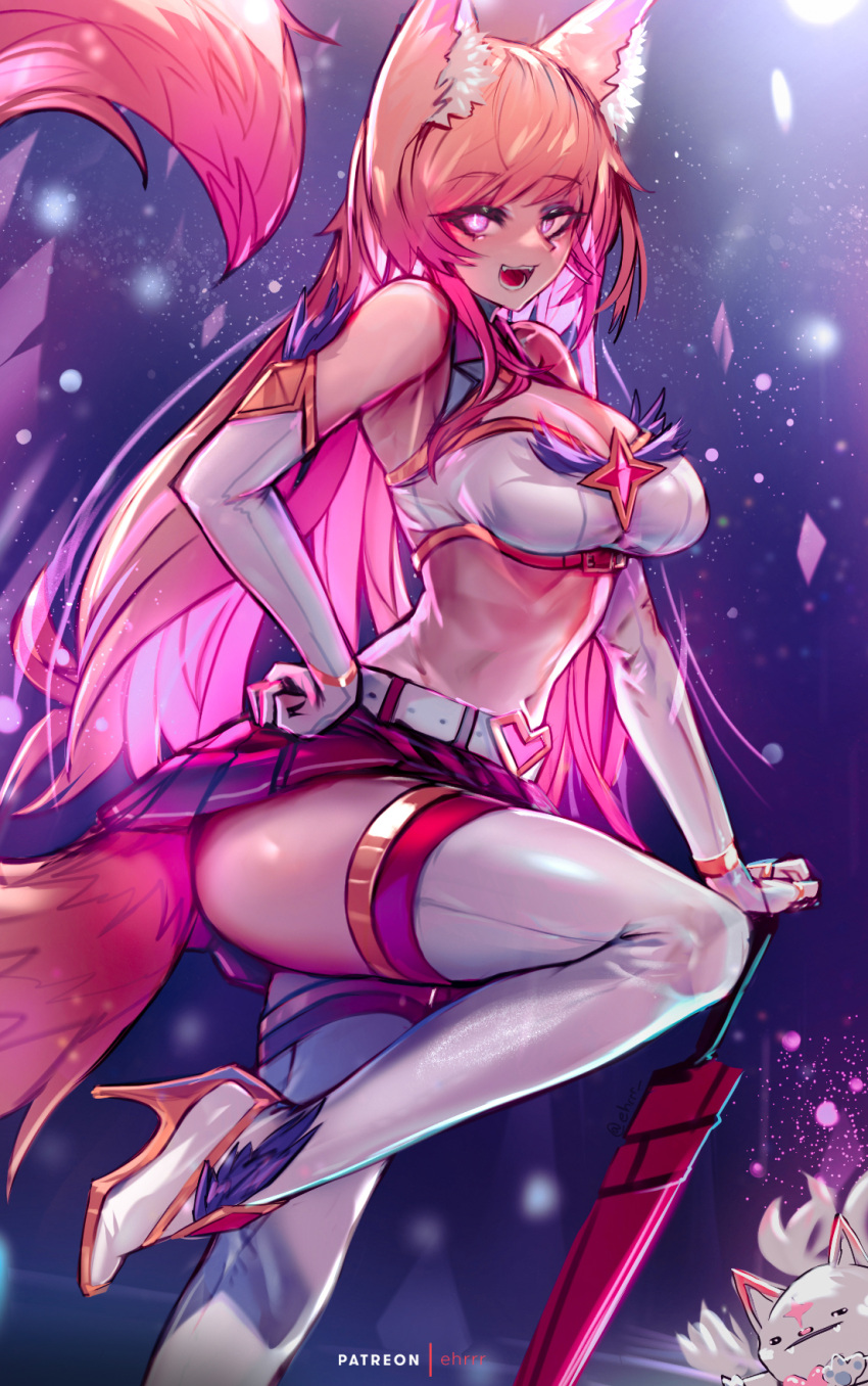 1girl, :d, ahri, animal_ear_fluff, animal_ears, bangs, bare_shoulders, boots, breasts, cleavage_cutout, clothing_cutout, commentary, ehrrr, elbow_gloves, english_commentary, eyebrows_visible_through_hair, fox_ears, fox_girl, fox_tail, gloves, gradient_hair, hand_on_hip, high_heel_boots, high_heels, highres, large_breasts, league_of_legends, long_hair, looking_at_viewer, midriff, miniskirt, multicolored_hair, navel, open_mouth, orange_hair, pink_eyes, pink_hair, pleated_skirt, shirt, skirt, sleeveless, sleeveless_shirt, slit_pupils, smile, solo, standing, standing_on_one_leg, star_guardian_(league_of_legends), star_guardian_ahri, tail, thigh-highs, thigh_boots, very_long_hair, white_footwear, white_gloves