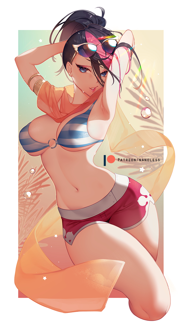 1girl, armpits, arms_behind_head, bikini, bikini_top, black_hair, blue_eyes, border