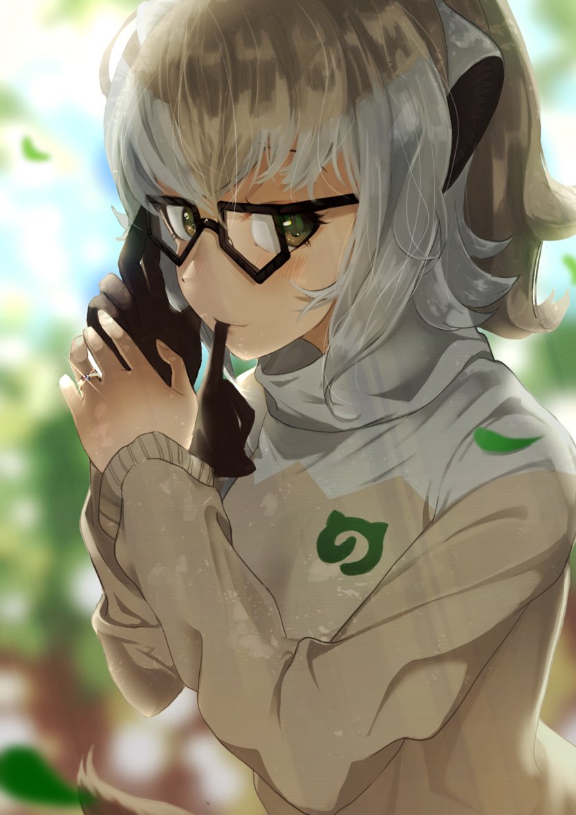 1girl, beige_sweater, blush, brown_gloves, commentary_request, engagement_ring, eyebrows_visible_through_hair, gakukuru