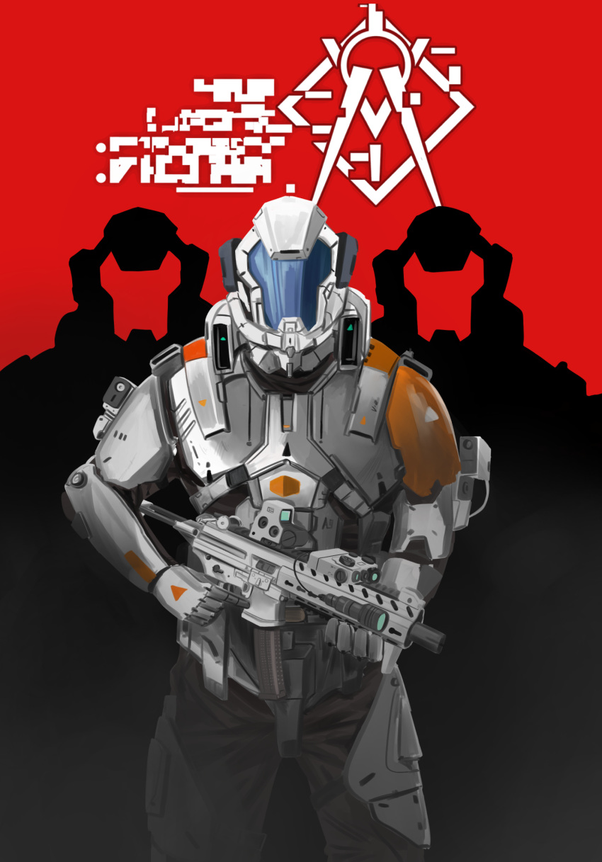 assault_rifle, crossover, girls_frontline, gun, helmet, highres, holding, holding_gun, holding_weapon, parabellum, paradeus, parody, poster_(medium), power_armor, red_background, rifle, simple_background, strelet_(girls_frontline), weapon, wolfenstein:_the_new_order