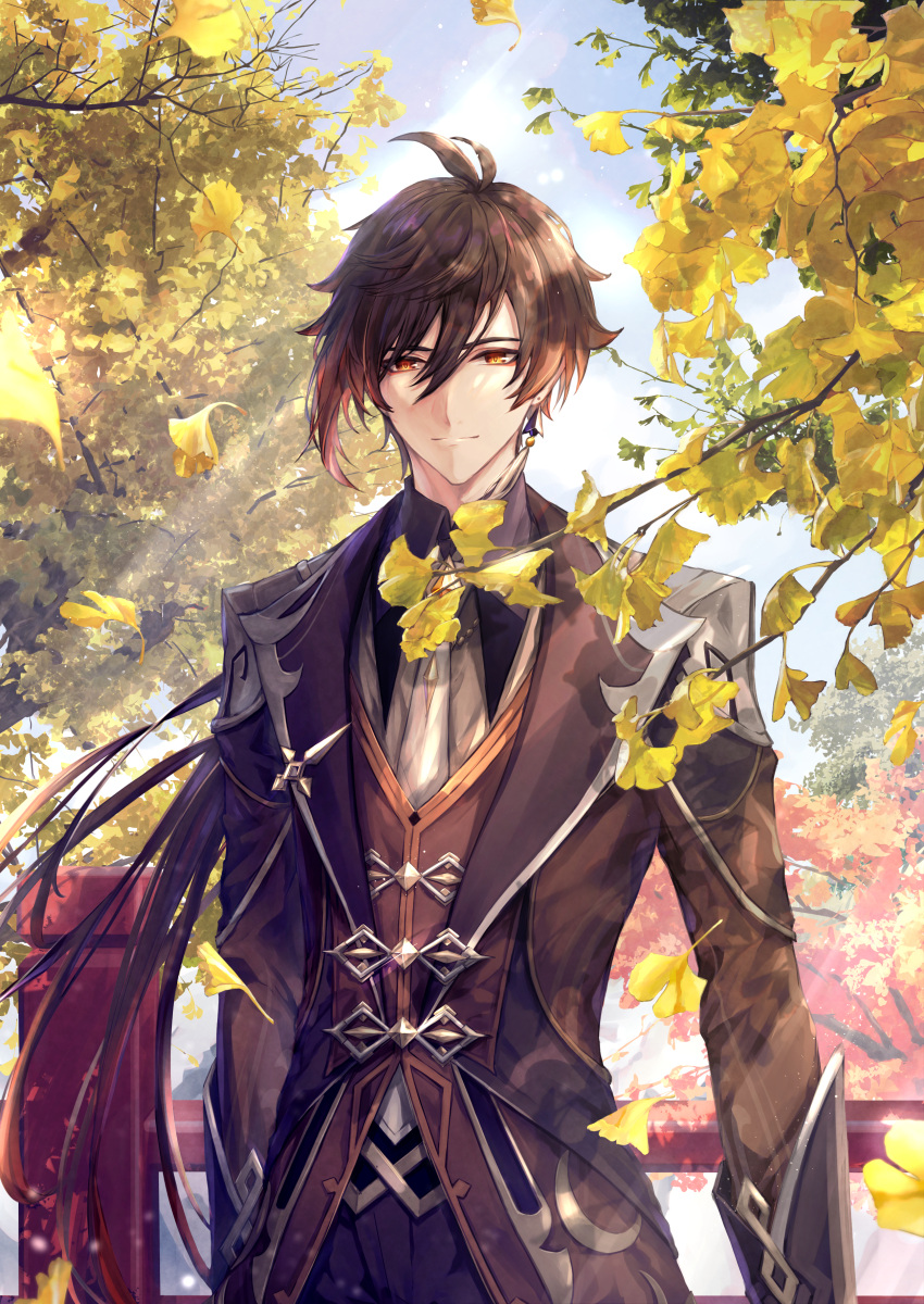 1boy, absurdres, bangs, brown_hair, closed_mouth, collared_shirt, commentary_request, day