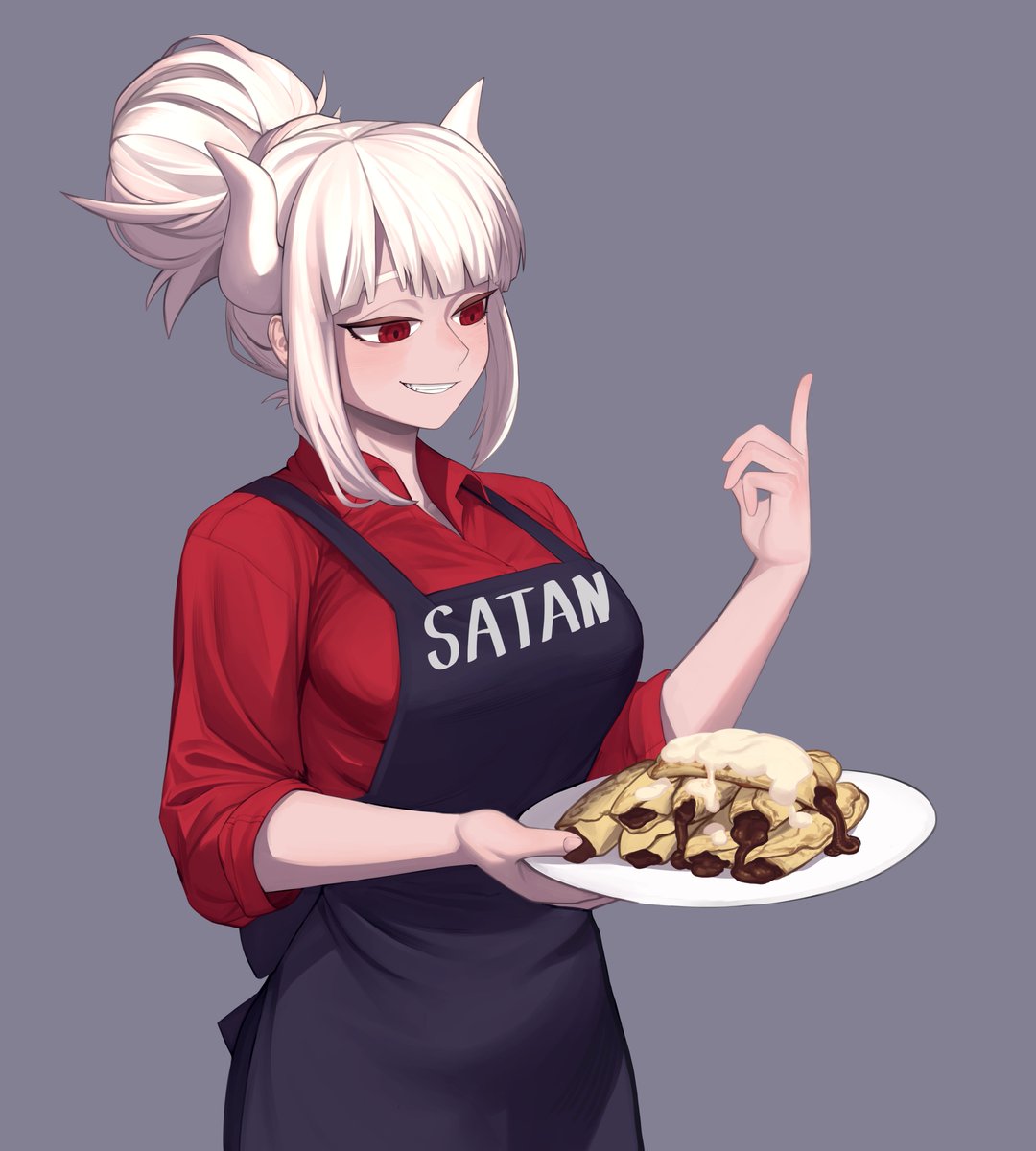 1girl, apron, bangs, black_apron, blunt_bangs, breasts, character_name, collared_shirt