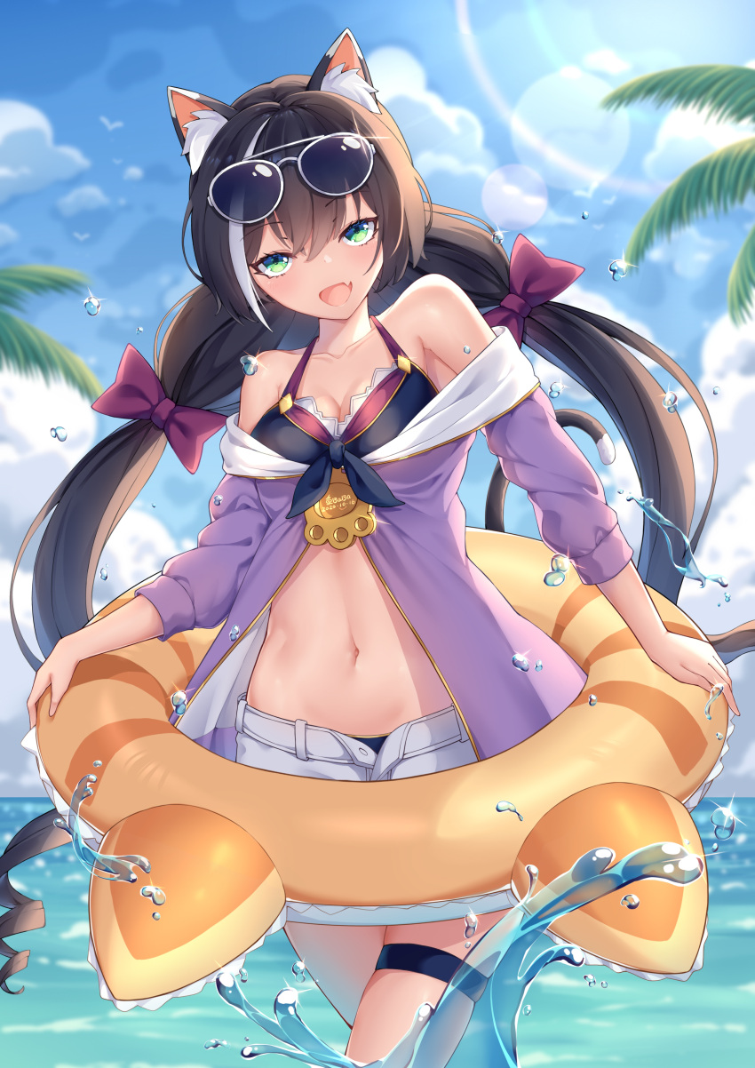 :d, absurdres, animal_ear_fluff, animal_ears, bangs, bare_shoulders, bikini, bikini_under_clothes