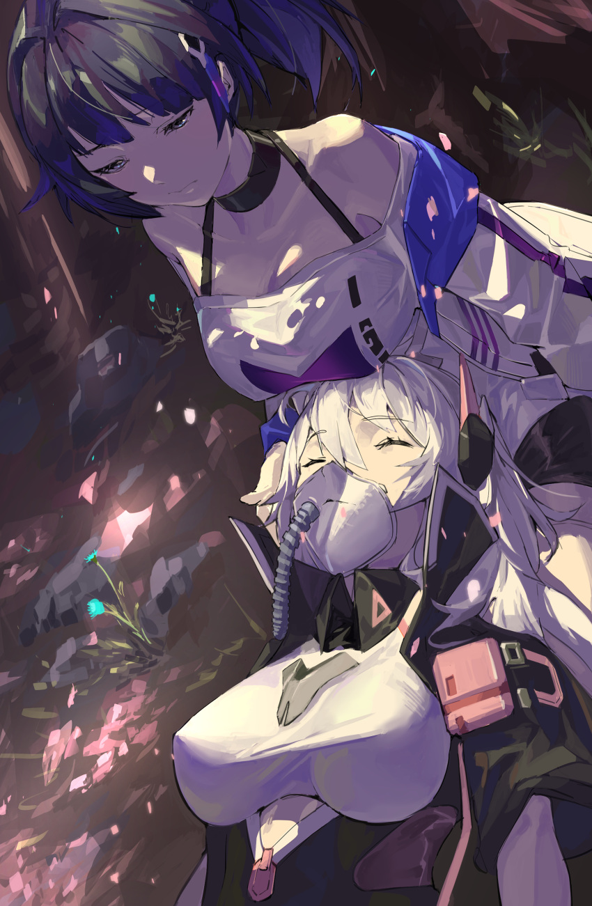 2girls, absurdres, bangs, black_hair, black_jacket, blue_eyes, breasts, closed_mouth