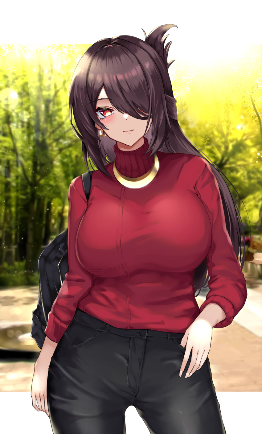 1girl, absurdres, backpack, bag, bangs, beidou_(genshin_impact), black_hair, black_pants