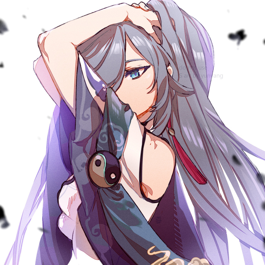1girl, absurdres, bare_shoulders, black_hair, blue_eyes, breasts, chinese_clothes, datyun