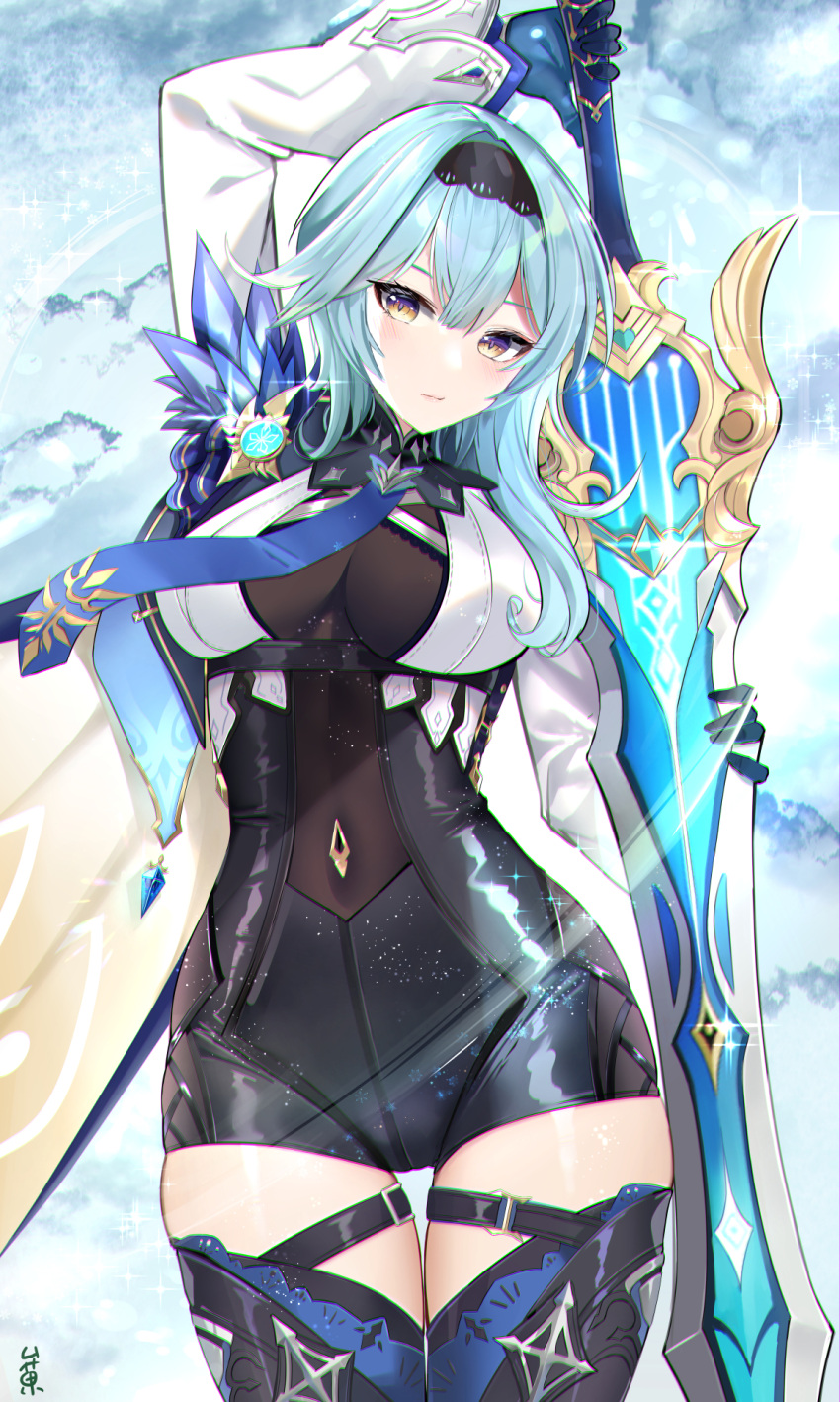 1girl, arm_up, bangs, black_hairband, black_legwear, blue_hair, blue_neckwear, blush