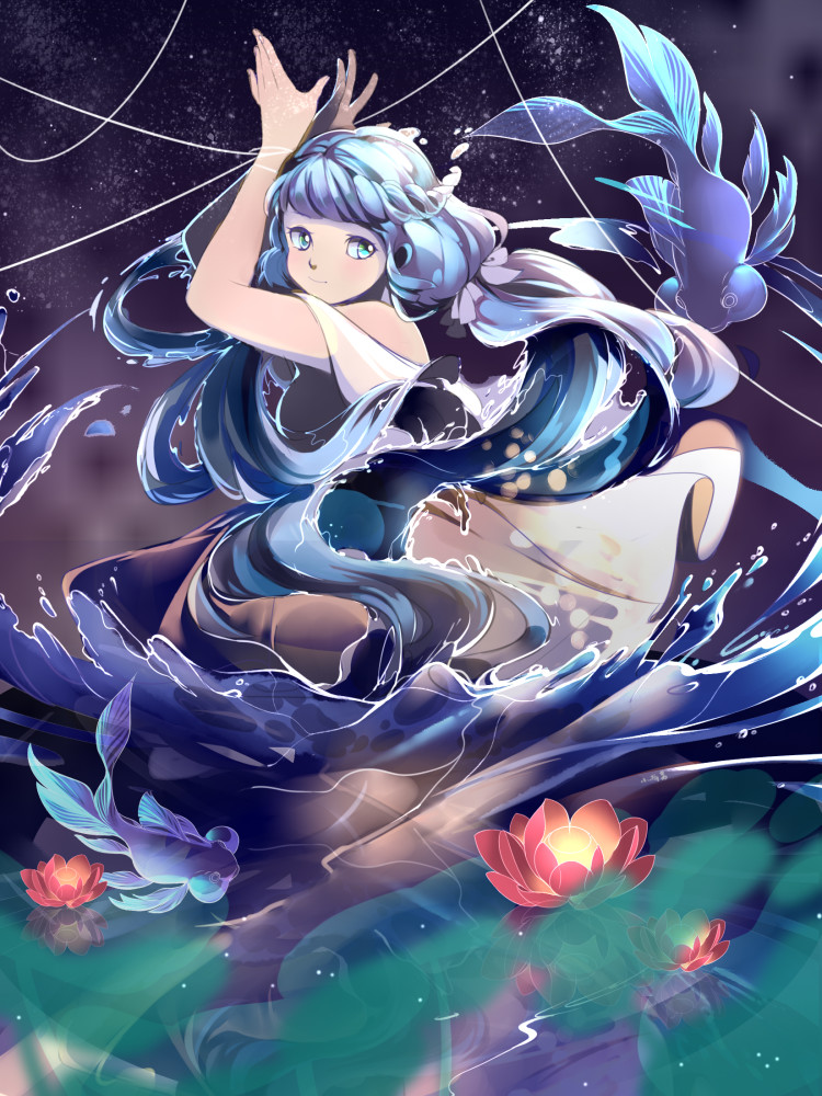 1girl, arms_up, bangs, blue_eyes, blue_hair, blurry, blurry_foreground, dress, fish, kotokuwu, lily_pad, long_hair, looking_at_viewer, night, night_sky, original, outdoors, sky, smile, string, water