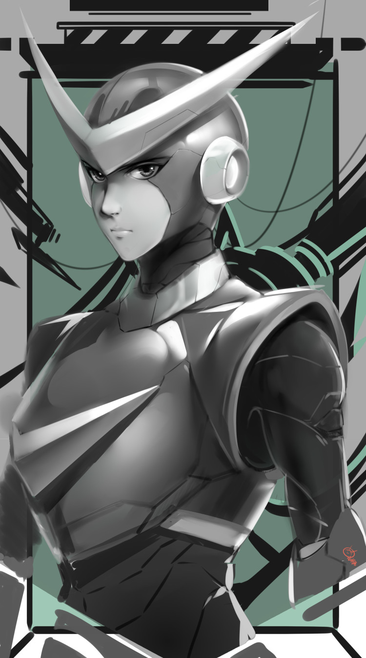 1boy, arm_behind_back, grey_theme, helmet, highres, kotokuwu, limited_palette, looking_at_viewer