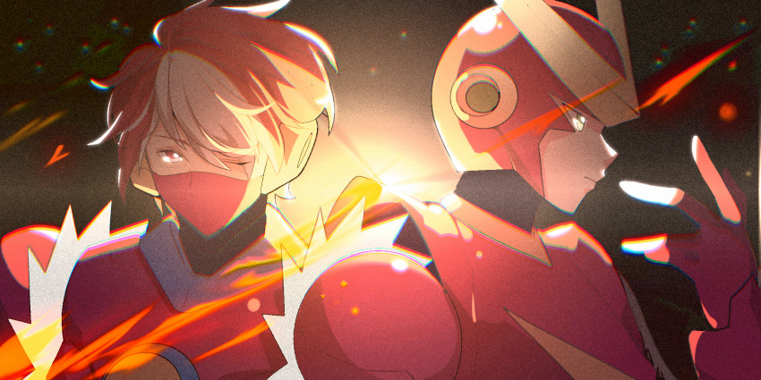 2boys, backlighting, brown_eyes, brown_hair, dark_background, gloves, hand_up, helmet