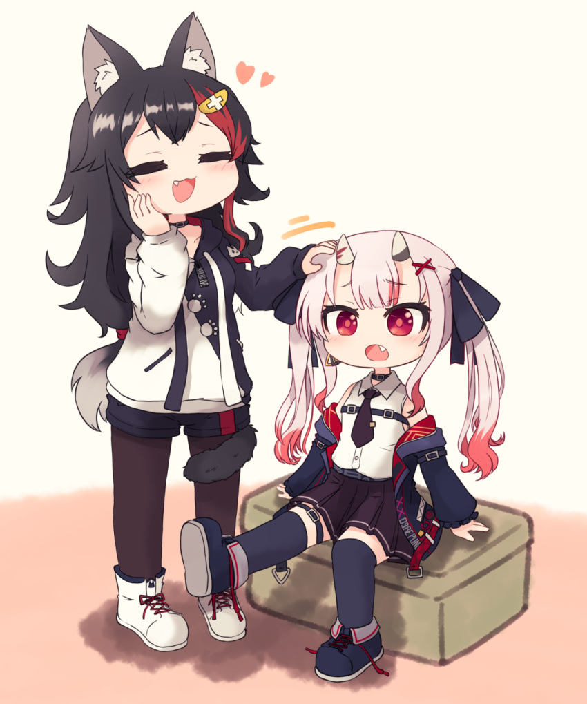 2girls, :d, ^_^, animal_ears, black_hair, blush, chibi, closed_eyes