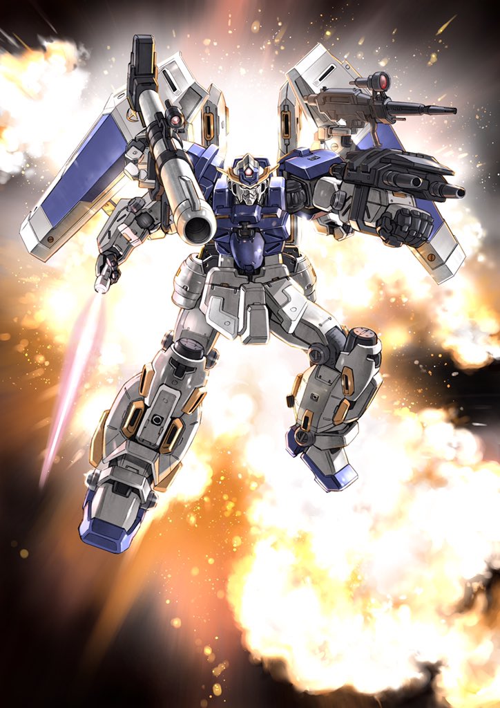 arm_cannon, beam_saber, bull-g, clenched_hand, explosion, gundam, gundam_thunderbolt, holding, holding_sword, holding_weapon, looking_ahead, mecha, mobile_suit, no_humans, official_art, outagaki_yasuo, pink_eyes, science_fiction, shield, shoulder_cannon, solo, sword, v-fin, weapon