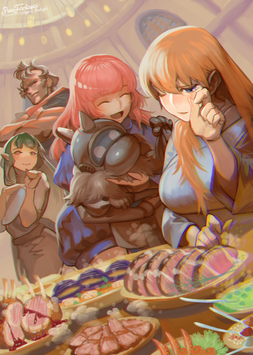 1boy, 3girls, absurdres, brown_hair, clams, clenched_hand, copyright_name, crossed_arms, food, green_hair, hand_up, highres, indoors, meat, multiple_girls, muscular, pink_hair, pixiv_fantasia, pixiv_fantasia_age_of_starlight, plate, pointy_ears, sitting, spoon, tomatom47240459