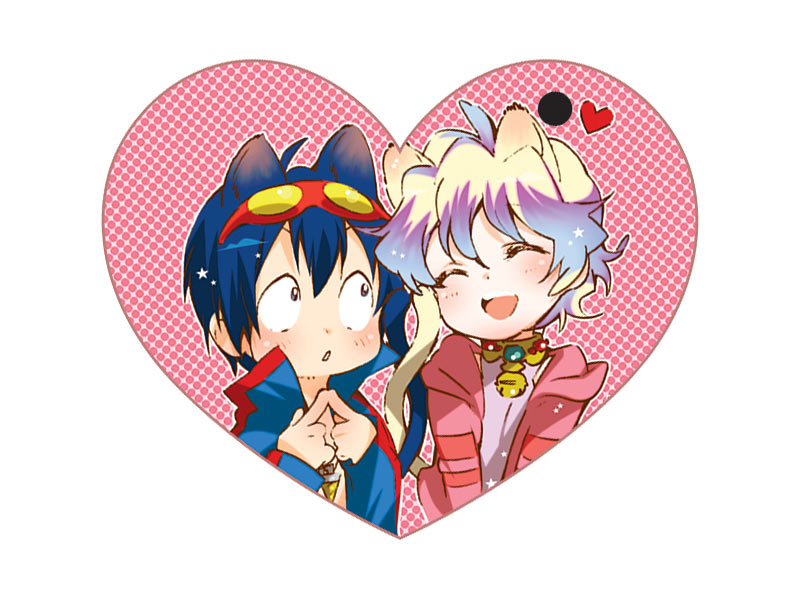bell, blue_hair, cat_ears, cat_tail, goggles, goggles_on_head, heart, kemonomimi_mode, multicolored_hair, nia_teppelin, short_hair, simon, tail, tengen_toppa_gurren_lagann, two-tone_hair, young, yukimitsu, yukimitsuki