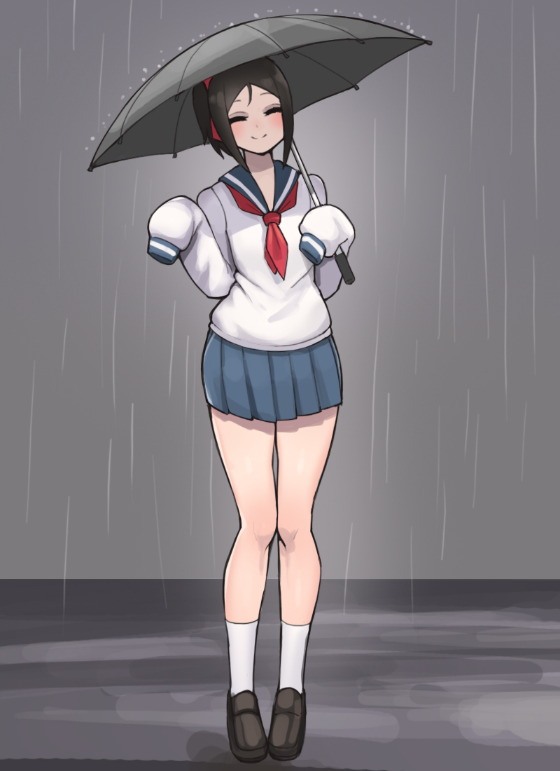 1girl, black_hair, bow, closed_eyes, closed_mouth, donburi_(donburikazoku), full_body, hair_bow