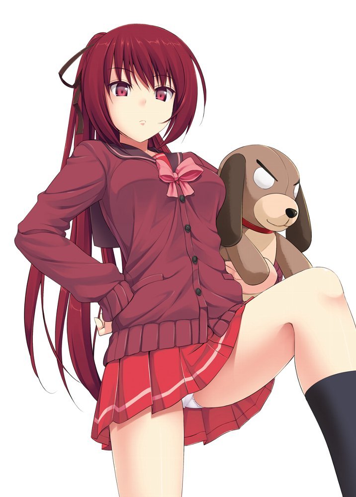 1girl, bangs, black_legwear, breasts, cardigan, closed_mouth, eyebrows_visible_through_hair, from_below, ga_bunko, hair_ribbon, hand_on_hip, high_ponytail, holding, holding_stuffed_toy, jpeg_artifacts, kneehighs, long_hair, long_sleeves, looking_at_viewer, medium_breasts, miniskirt, novel_illustration, odoru_hoshifuru_reneshikuru, official_art, panties, pantyshot, pleated_skirt, ponytail, red_eyes, red_skirt, redhead, ribbon, sara_mizuki, school_uniform, simple_background, skirt, solo, stuffed_animal, stuffed_dog, stuffed_toy, takayaki, thighs, underwear, upskirt, very_long_hair, white_background, white_panties