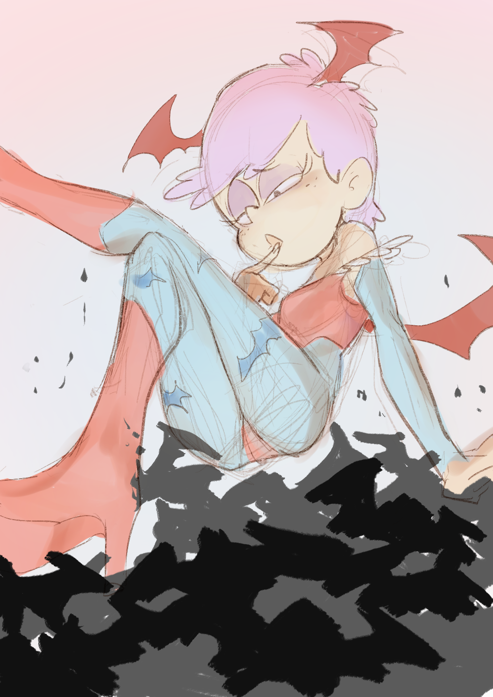 1girl, animal_print, bat_print, bat_wings, blue_legwear, bridal_gauntlets, cosplay, finger_to_mouth