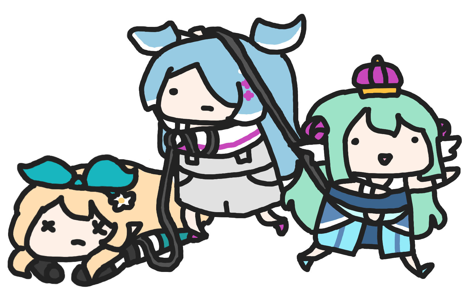 3girls, animal_ears, black_eyes, blonde_hair, blue_hair, chibi, crown, dragon_ears