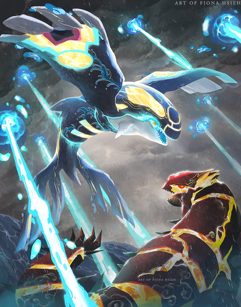 clouds, cloudy_sky, fighting_stance, fiona_hsieh, flying, gen_3_pokemon, groudon, kyogre