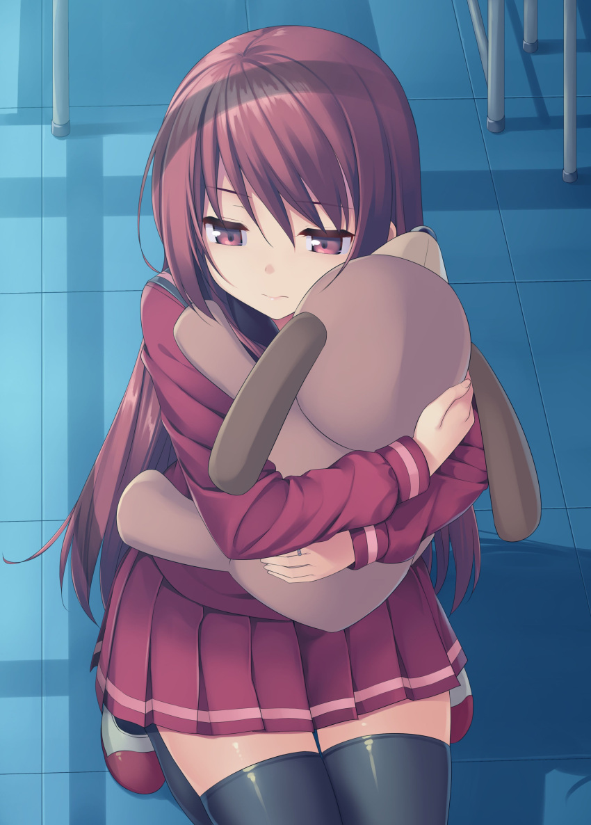 1girl, absurdres, bangs, black_legwear, classroom, closed_mouth, eyebrows_visible_through_hair, floor