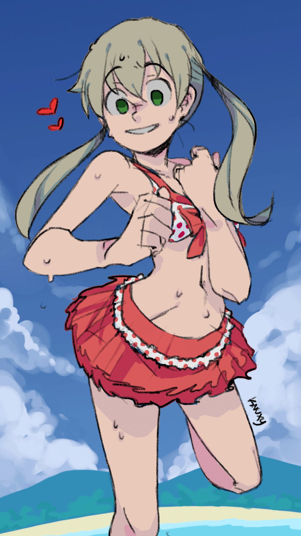 1girl, artist_name, beach, bikini, bikini_skirt, blonde_hair, blue_background, blue_sky
