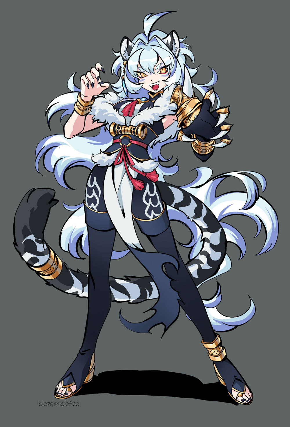 1girl, ahoge, animal_ears, animal_print, black_nails, blazemalefica, bracelet, breasts, character_request, claw_(weapon), claw_pose, commentary, commission, copyright_request, elbow_gloves, english_commentary, eyeliner, eyeshadow, facial_mark, fangs, fingernails, full_body, fur_trim, gloves, grey_background, hair_between_eyes, highres, jewelry, long_fingernails, long_hair, long_legs, looking_at_viewer, makeup, nail_polish, open_mouth, pelvic_curtain, sharp_fingernails, simple_background, single_glove, skinny, sleeveless, slit_pupils, smile, solo, standing, tail, thick_eyebrows, tiger_ears, tiger_girl, tiger_print, toe_ring, toeless_legwear, toenails, torn_clothes, very_long_hair, weapon, white_hair, yellow_eyes