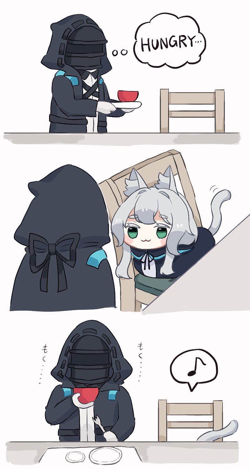 1girl, 1other, :3, animal_ear_fluff, animal_ears, arknights, bangs, black_jacket, bowl, cat_ears, cat_girl, cat_tail, chair, closed_mouth, doctor_(arknights), eighth_note, english_text, eyebrows_visible_through_hair, fork, gloves, green_eyes, grey_hair, highres, holding, holding_bowl, holding_fork, hood, hood_up, hooded_jacket, jacket, long_sleeves, musical_note, on_chair, open_clothes, open_jacket, plate, rosmontis_(arknights), shirt, short_eyebrows, someyaya, spoken_musical_note, table, tail, thick_eyebrows, thought_bubble, translation_request, white_gloves, white_shirt