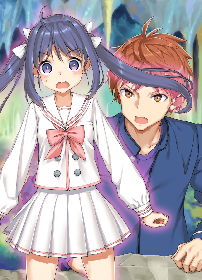 1boy, 1girl, ahoge, aura, bangs, black_hair, blush, cowboy_shot