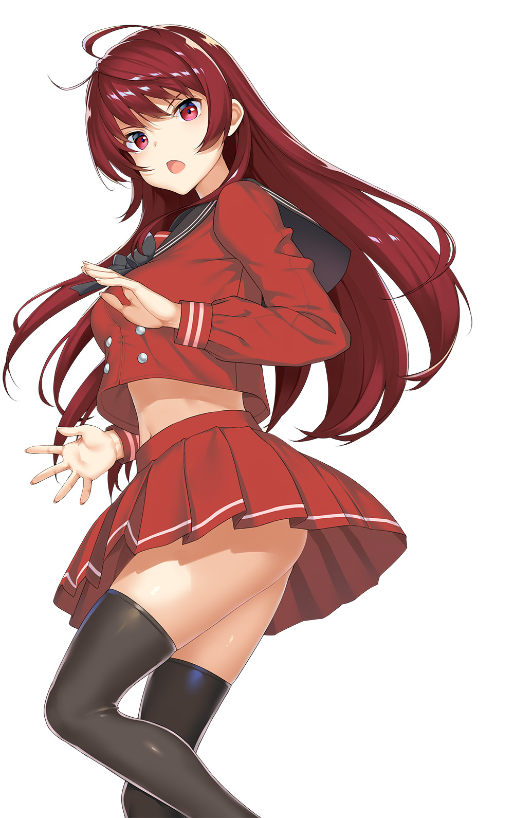 1girl, bangs, black_legwear, black_sailor_collar, breasts, feet_out_of_frame, from_side, ga_bunko, highres, long_hair, long_sleeves, looking_at_viewer, looking_to_the_side, medium_breasts, miniskirt, no_panties, novel_illustration, odoru_hoshifuru_reneshikuru, official_art, open_mouth, pleated_skirt, red_eyebrows, red_eyes, red_skirt, redhead, sailor_collar, sara_mizuki, school_uniform, second-party_source, serafuku, shiny, shiny_hair, simple_background, skirt, solo, standing, straight_hair, takayaki, textless, thigh-highs, upskirt, v-shaped_eyebrows, white_background