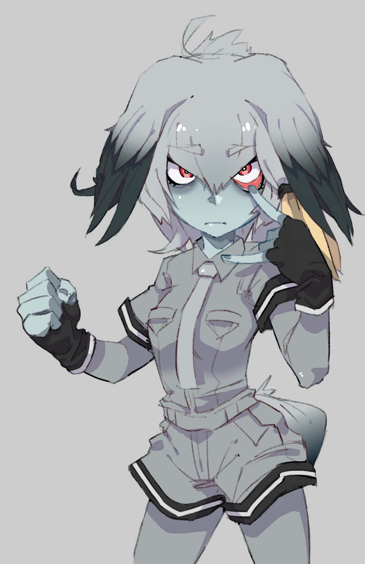 1girl, alternate_skin_color, animal_ears, bags_under_eyes, bangs, belt, bird_tail, black_gloves