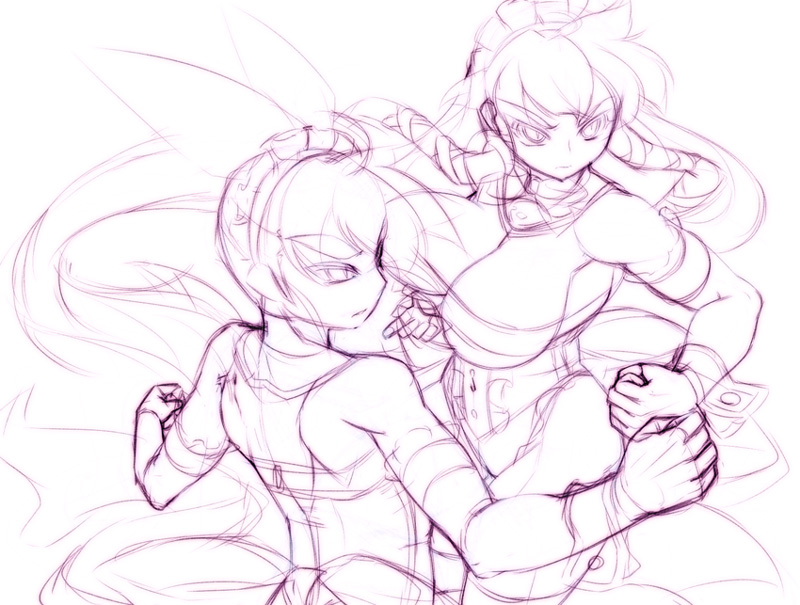 2girls, angry, breasts, cleavage, collar, elbow_gloves, fist, frills