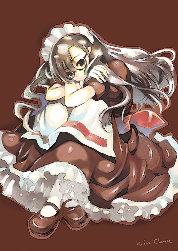 1girl, apron, bangs, brown_background, brown_dress, brown_eyes, brown_footwear, brown_hair