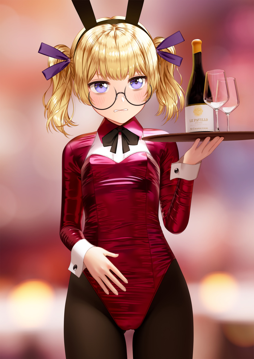 1girl, absurdres, animal_ears, black_legwear, black_neckwear, black_ribbon, blonde_hair, blush