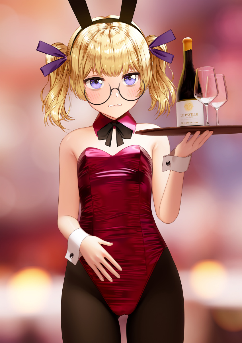 1girl, absurdres, animal_ears, bare_shoulders, black_legwear, black_neckwear, black_ribbon, blonde_hair