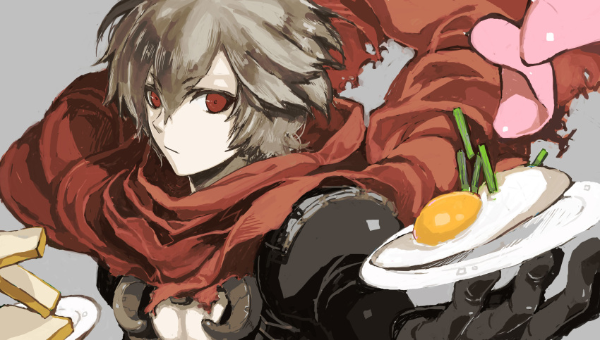 1boy, absurdres, armor, assassin_cross_(ragnarok_online), bangs, black_gloves, black_shirt, bread