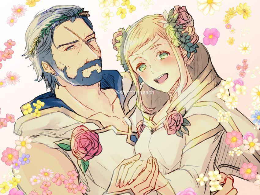 1boy, 1girl, absurdres, alternate_costume, bangs, beard, blonde_hair, blue_hair
