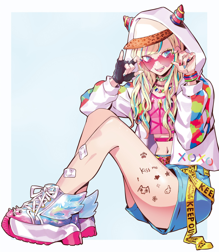 !, 1girl, :d, adjusting_eyewear, animal_print, aqua_eyes, aqua_hair, aqua_nails, arrow_through_heart, bandaid, bandaid_on_leg, bangs, baseball_cap, black_gloves, blonde_hair, blue_background, blue_shorts, body_writing, border, bracelet, caution_tape, chain_necklace, choker, commentary_request, crop_top, fangs, fashion, fingerless_gloves, fingernails, flower, gloves, gradient_footwear, green_nails, hat, heart, heart-shaped_eyewear, highres, hood, hood_up, hoodie, horned_hood, jacket, jewelry, keep_out, leopard_print, long_fingernails, long_hair, long_sleeves, looking_at_viewer, midriff, multicolored, multicolored_footwear, multicolored_hair, multicolored_nails, nail_polish, navel, necklace, open_clothes, open_jacket, open_mouth, original, outside_border, paw_print, pink-tinted_eyewear, pink_footwear, pink_hair, pink_nails, platform_footwear, pose, print_headwear, print_jacket, puppeteer7777, purple_nails, rimless_eyewear, shiny_footwear, shirt, shoelaces, shoes, short_shorts, shorts, simple_background, single_glove, sitting, smile, sneakers, solo, spiked_choker, spiked_footwear, spikes, stomach, unzipped, upper_teeth, white_border, white_footwear, winged_footwear, yellow_nails