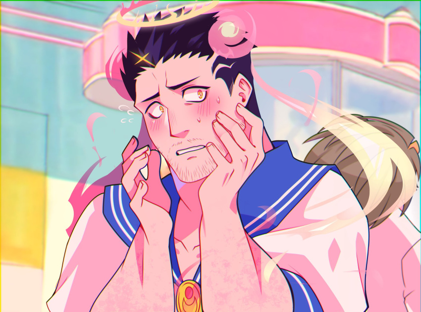 1boy, bishoujo_senshi_sailor_moon, blush, cosplay, crossdressinging, facial_hair, hands_on_own_face, highres