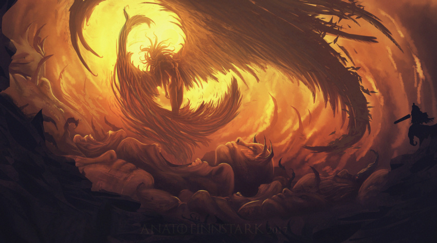 1boy, 1girl, anato_finnstark, berserk, cape, commentary, completely_nude, dragonslayer_(sword), english_commentary, giant, giantess, guts_(berserk), holding, holding_sword, holding_weapon, horns, large_wings, navel, nude, orange_theme, slan_(berserk), solo_focus, spread_wings, sword, tentacle_hair, weapon, wide_shot, wings