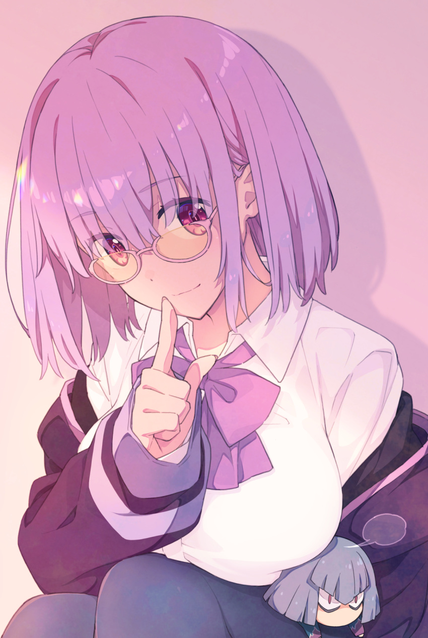 1boy, 1girl, anti_(ssss.gridman), bangs, blush, bow, breasts, chibi