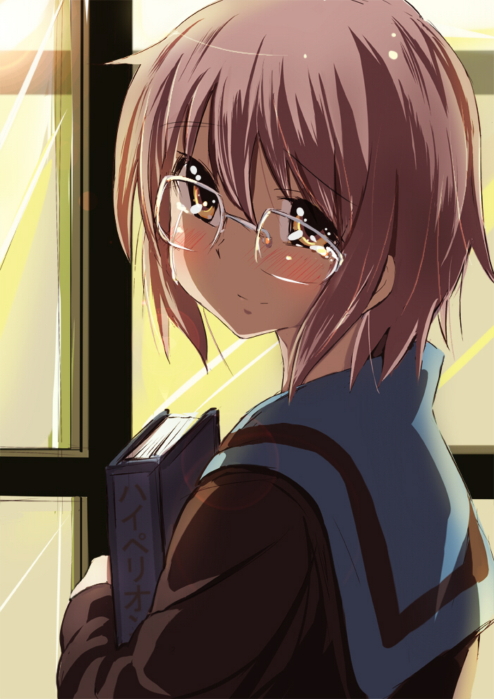 book, brown_eyes, brown_hair, cardigan, ebibaachan, face, glasses, looking_back, nagato_yuki, nagato_yuki_(shoushitsu), school_uniform, short_hair, solo, suzumiya_haruhi_no_shoushitsu, suzumiya_haruhi_no_yuuutsu, tears, window