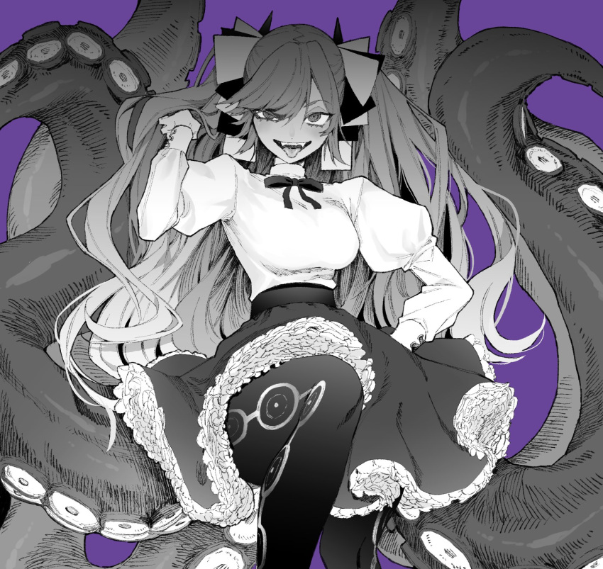 1girl, bangs, breasts, commentary_request, fangs, frilled_skirt, frills, greyscale